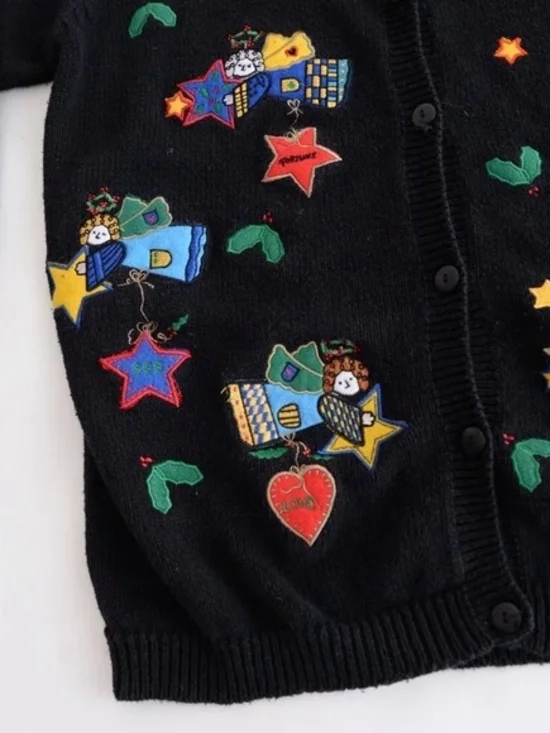 Black Cardigan with Colorful Embroidered Stars & Hearts - Picture 6 of 6